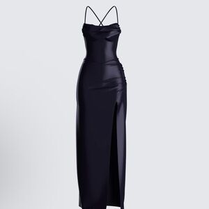 Finesse Lerata Black Satin Maxi Dress